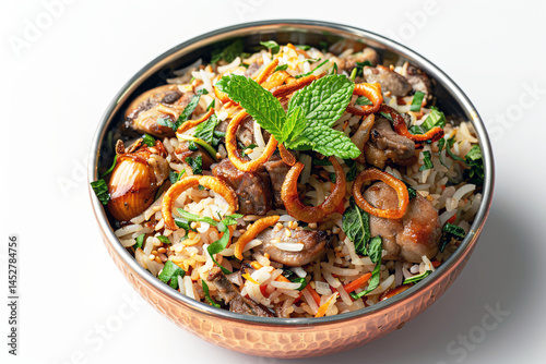 Delicious Chicken and Mushroom Biryani in Copper Bowl