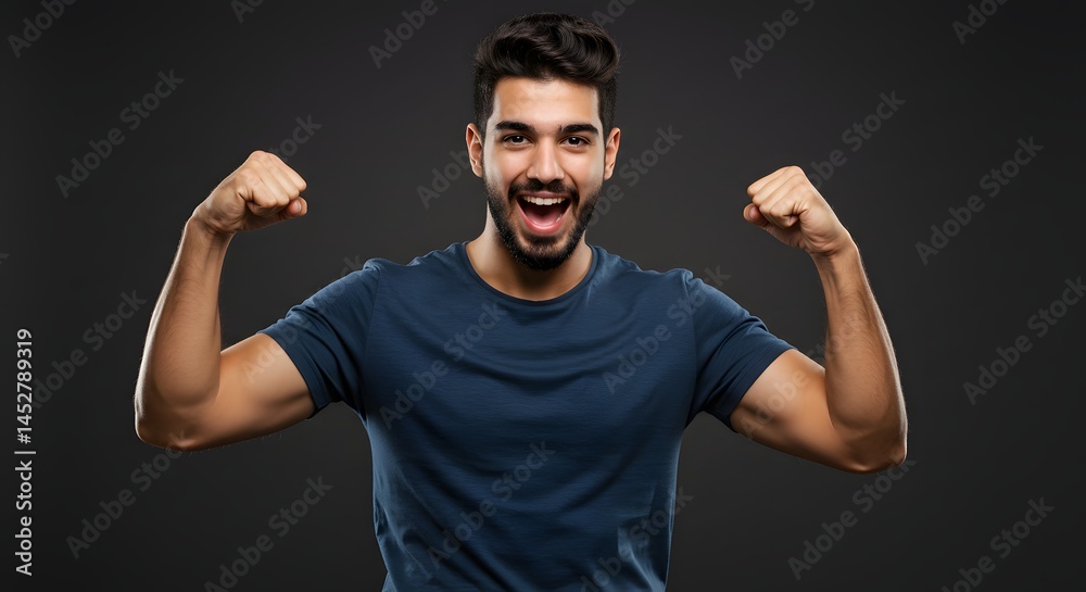 Naklejka premium A happy man flexing his arm muscles, celebrating achievement and fitness goals with joy.