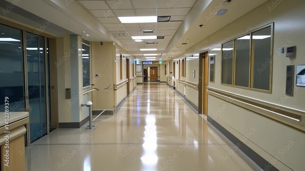 Hospital Corridor: A tranquil image of a modern hospital corridor, its clean lines and muted tones conveying a sense of calm and efficiency. The space, illuminated by soft light. Hospital Corridor: A tranquil image of a modern hospital corridor, its clean lines and muted tones conveying a sense of calm and efficiency. The space, illuminated by soft light.