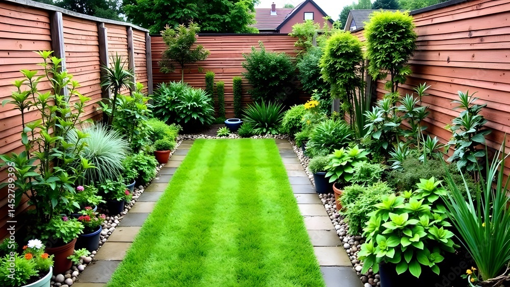 Naklejka premium lush overgrown backyard garden with diy alternatives