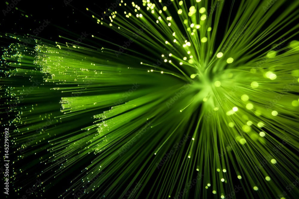 Naklejka premium Vibrant green fiber optic strands radiate in an abstract digital communications scene.