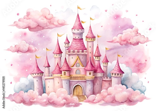 fairy princess castle hand drawn watercolor illustration set print textile background 