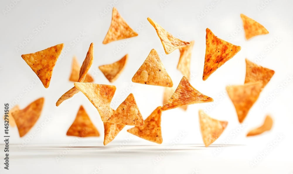 Flying Tortilla Chips: A dynamic shot captures the essence of casual enjoyment as golden tortilla chips cascade through the air, evoking a sense of fun and indulgence. Flying Tortilla Chips: A dynamic shot captures the essence of casual enjoyment as golden tortilla chips cascade through the air, evoking a sense of fun and indulgence.