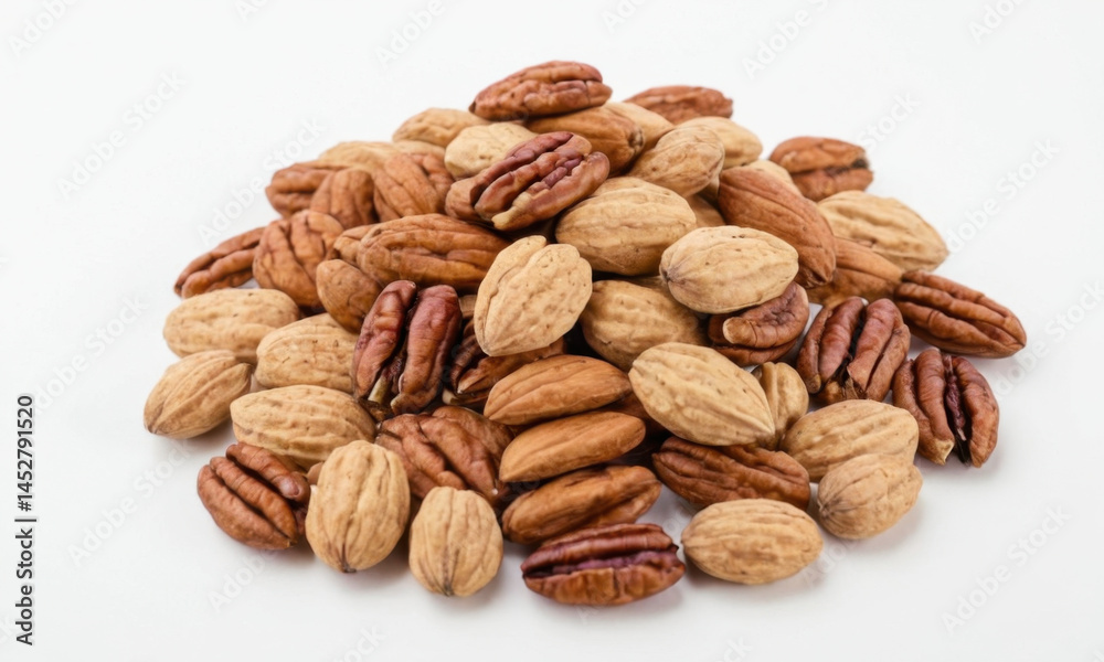 A close-up view of a pile of various nuts on a white surface A close-up view of a pile of various nuts on a white surface