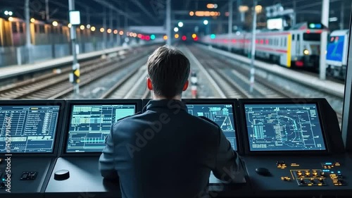 Guiding the Rails: A dedicated train dispatcher expertly monitors the railway, a sea of digital displays illuminate the control room as a train speeds along tracks.