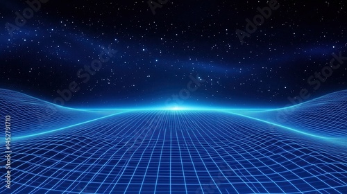 Retro Futuristic Landscape with Grid and Stars