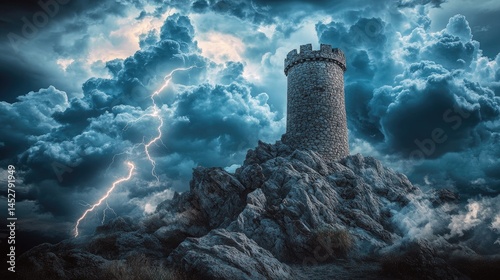 A solitary stone tower standing atop a rugged terrain