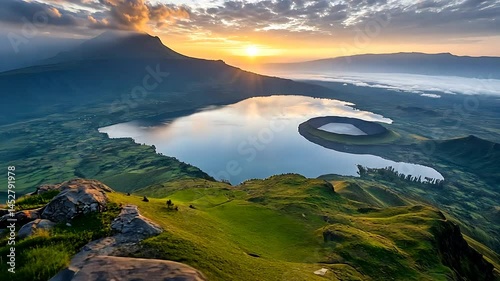 Wallpaper Mural Majestic sunrise over a crater lake nestled in a valley between mountains Torontodigital.ca