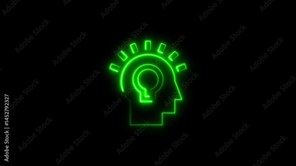 Animated green neon icon illustrating brainpower intelligence and lightbulb idea Animated green neon icon illustrating brainpower intelligence and lightbulb idea