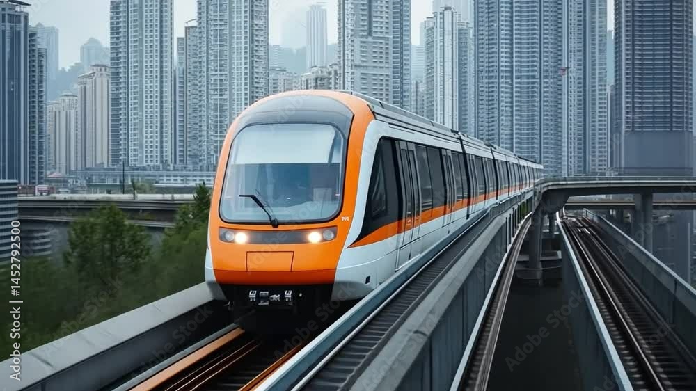 Modern Commute: A sleek train car gracefully navigates the urban railway tracks, symbolizing the efficiency and progress of contemporary city transport.
