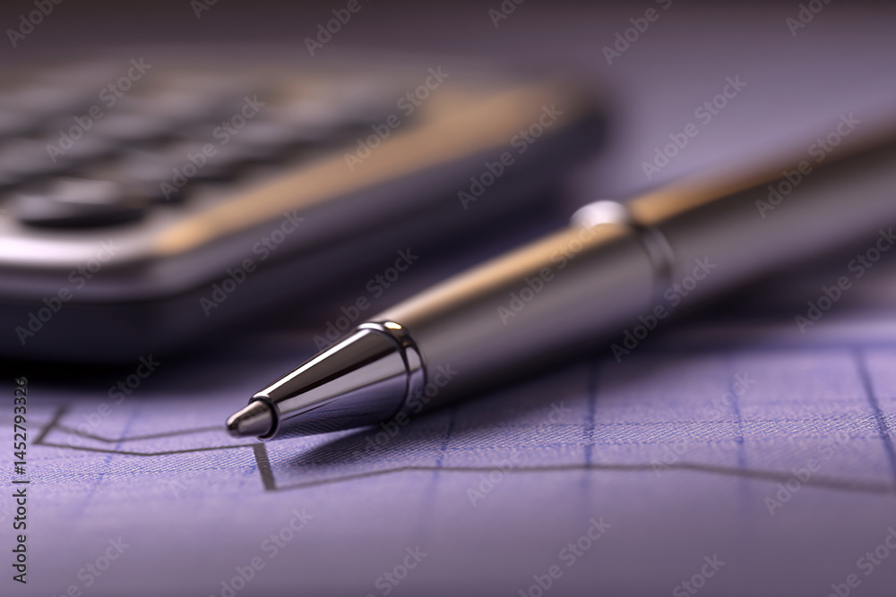 Close-up of silver pen on purple graph, blurred calculator background. Represents business, finance, analysis, precision Close-up of silver pen on purple graph, blurred calculator background. Represents business, finance, analysis, precision