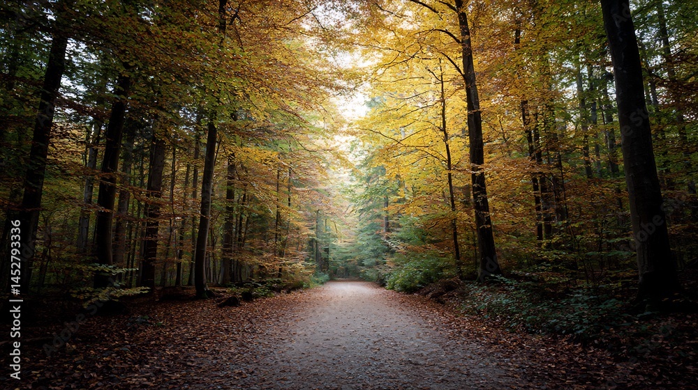 Fototapeta premium Sun-Drenched Path Through a Forest Bathed in Autumnal Hues of Golden Light