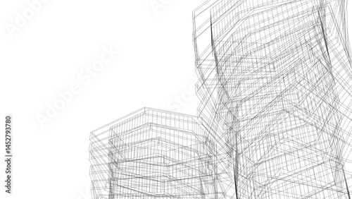 Architectural building 3d drawing on white background