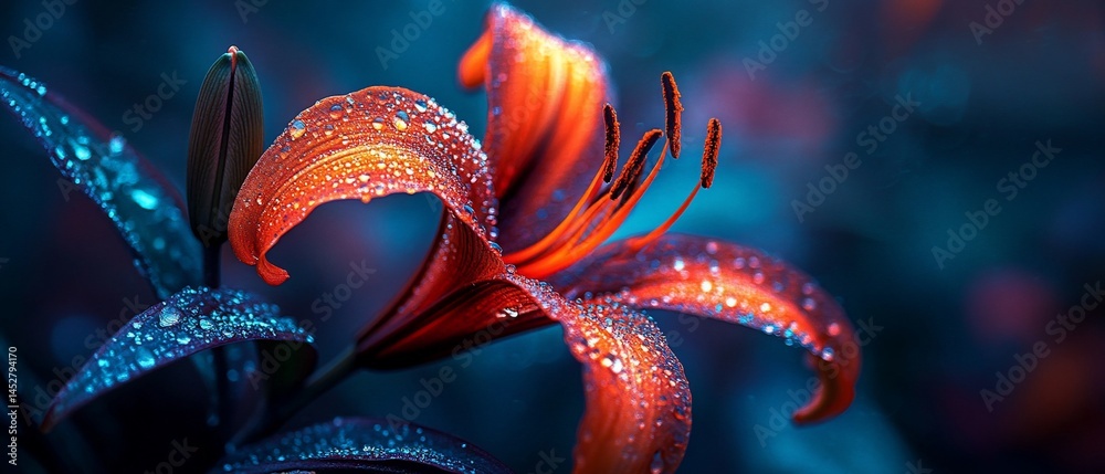 Naklejka premium Dew-kissed orange lily in vibrant blue-toned setting