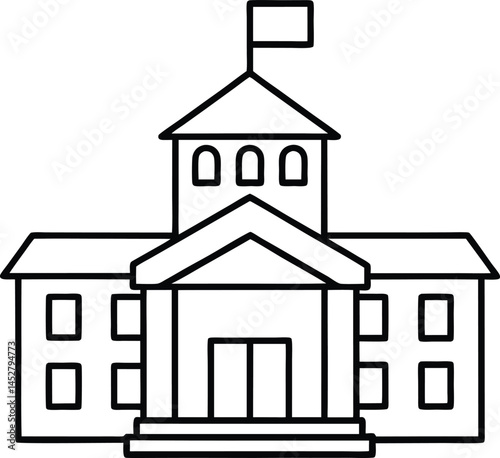 school building with clock and flag flat icon