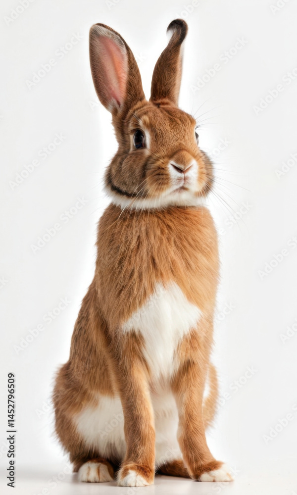 Fototapeta premium A brown and white rabbit sitting on a white surface, great for pet or wildlife photography, use as background for your project
