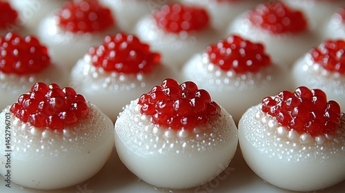 Round white desserts topped with red spheroids