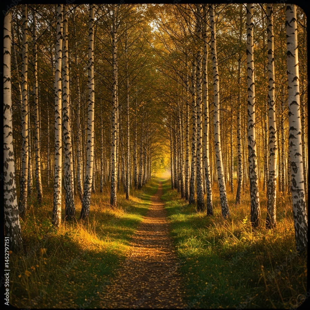 Fototapeta premium Symmetry and Warmth in Golden Tree Tunnel