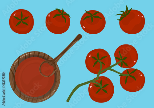 Set of various fresh cherry tomatoes vector illustration. Collection. Healthy food. Red ketchup in wooden bowl. Top view. Organic ripe fruits and vegetables, farm products. Cute isolated flat design.
