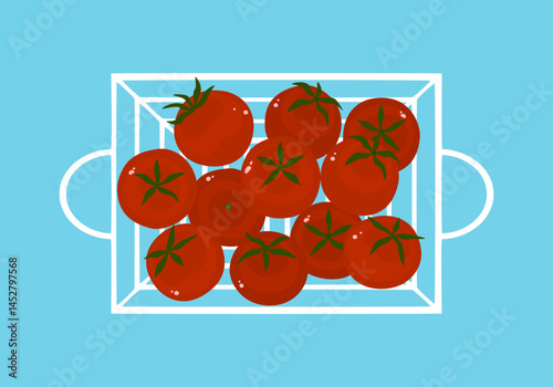 Set of various fresh cherry tomatoes vector illustration. Collection. Healthy food. Red tomatoes in basket. Top view. Ripe organic vegetable and fruit farm product. Isolated flat design cute.