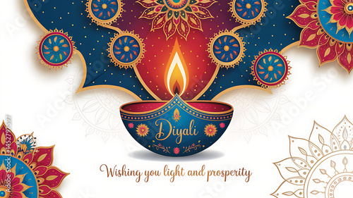 Happy Diwali Illustration Featuring Luxurious Deep Blue Gold Diya Lamp Glowing Flame Intricate Mandala Patterns Vibrant Red Blue Gold Tones on White Background for Festive Greeting Cards Invitations