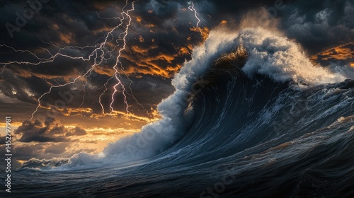 Obraz na płótnie A tidal wave rising high against a backdrop of dark clouds threaded with lightning w salonie