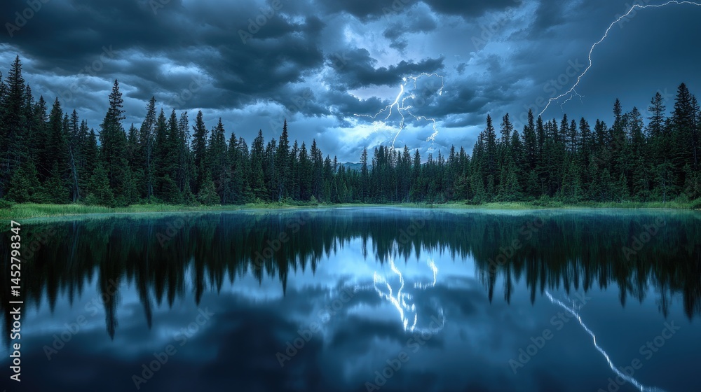A tranquil forest lake glowing softly under intense storm clouds