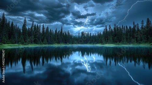 Obraz na płótnie A tranquil forest lake glowing softly under intense storm clouds w salonie