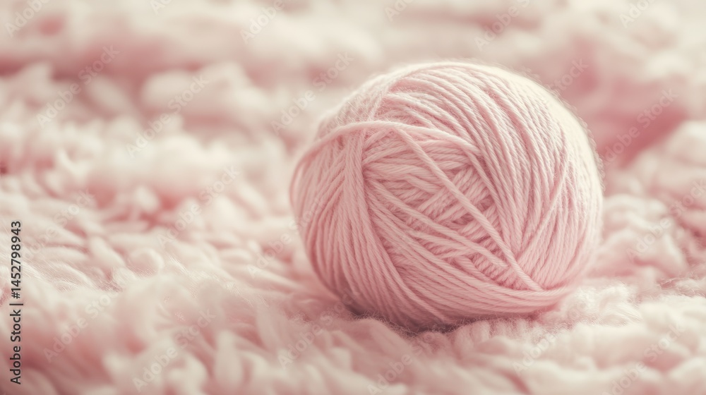 Soft pink yarn ball on fluffy fabric surface close-up Soft pink yarn ball on fluffy fabric surface close-up