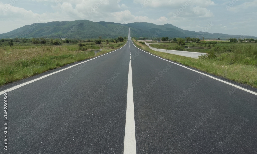 A serene highway stretches out against a backdrop of majestic mountains A serene highway stretches out against a backdrop of majestic mountains