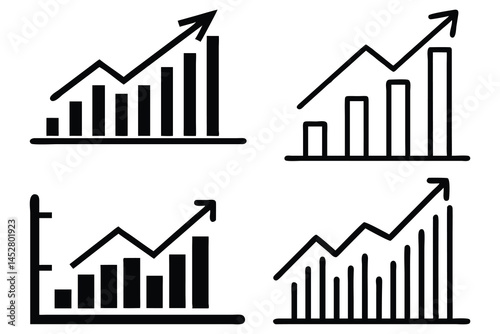 Growth Chart Icons – Minimalist Black and White Business Graphs with Upward Arrows for Financial and Data Visualization