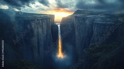 A waterfall between two looming cliffs blasted heavily by unleashed nature & balancing bolts atop thu vast storm body now plummets weak glow of slowing-day sediments.