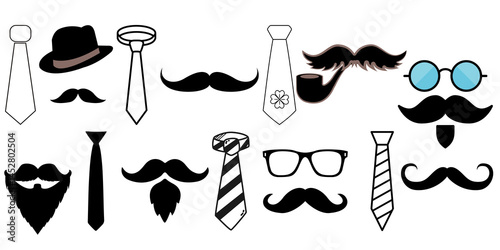 black icon set of beard, glasses, hat, mustache, tie, cigar for father's day in vector