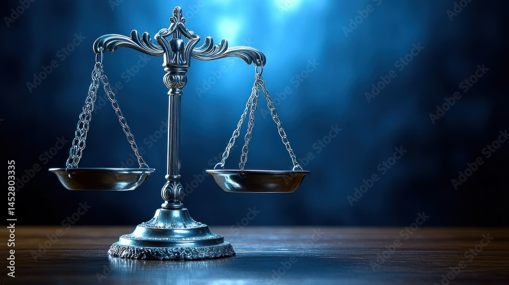 Justice scales on wooden surface, dramatic lighting