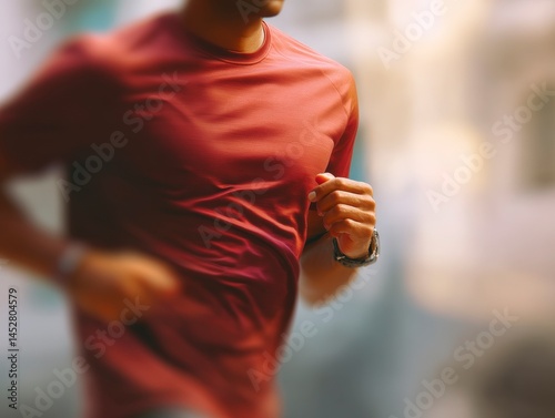 Sporty man wearing dry-fit t-shirt mockup, running outdoors, captured in motion