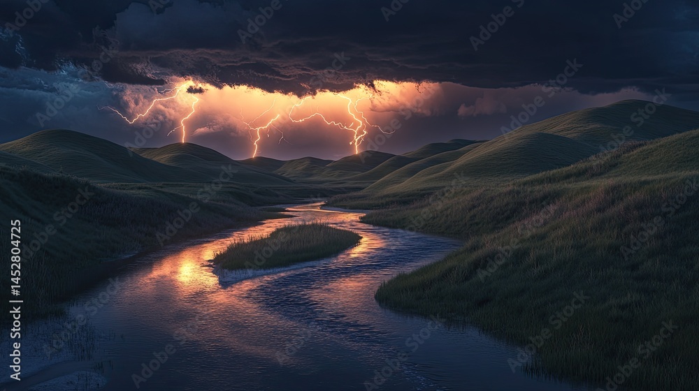 A winding stream carving through rolling hills
