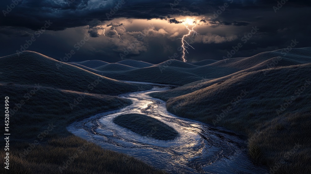 A winding stream carving through rolling hills