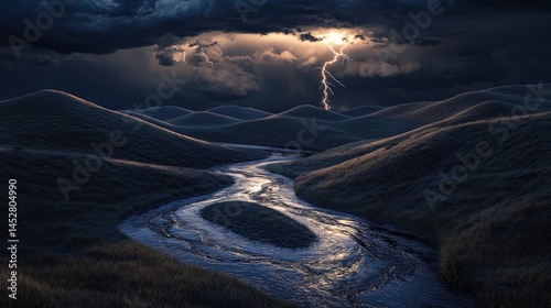 A winding stream carving through rolling hills