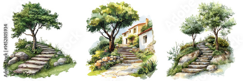 Set of Ultra-realistic image of a charming Mediterranean-style house with a vivid blue door and blue-trimmed windows on transparent png background. Ai generated