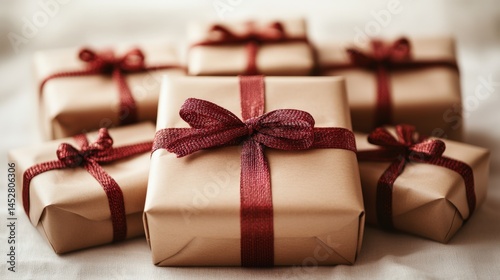 A collection of beautifully wrapped gifts with red ribbons on a soft, neutral background