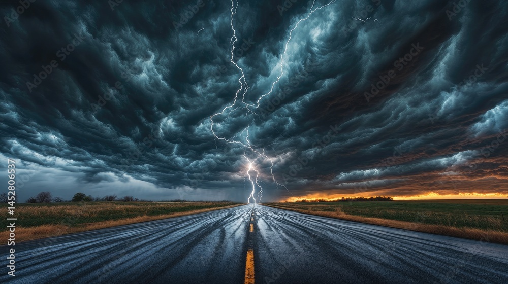 An abandoned road stretching toward a horizon of dark