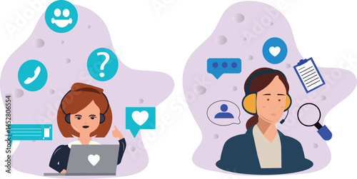 Call center set. Female characters work in office. Helpdesk, hotline, customer support service concept. Vector illustration.