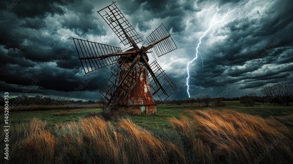 An abandoned and rusting windmill in a rural field