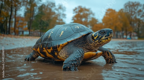 Turtle navigating shallow water towards unknown horizons with autumn backdrop