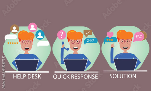 Flat vector illustration of Customer service concept. Set of Flat character. Helpdesk, quick response, customer support and solution service.