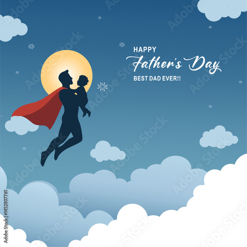 Happy Father's Day. Vector illustration of a superhero dad flying with his child under the night sky. Perfect for Father's Day celebration themes, parenting, and family love concepts.