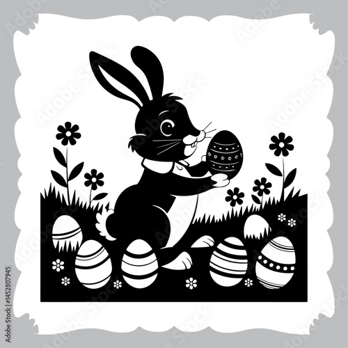 Easter Rabbit Illustration with Decorated Eggs