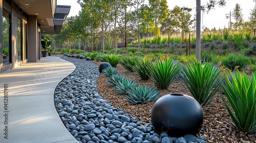 Modern Building's Curving Path, Desert Landscaping