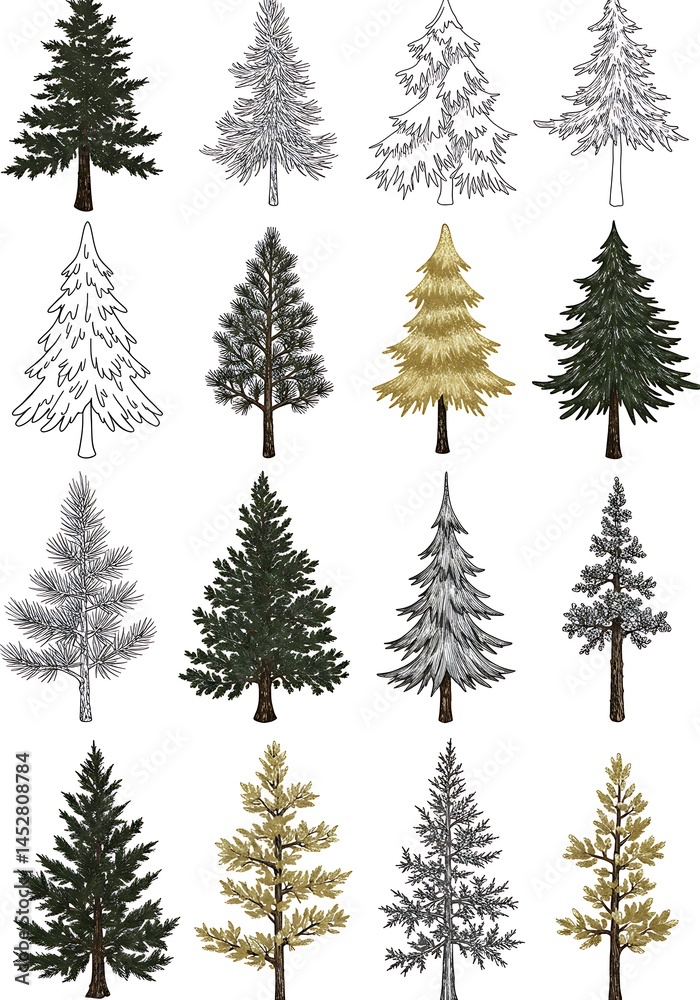Obraz premium Evergreen Elegance: A Collection of Hand-Drawn Conifers AI Generated