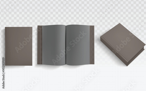 Vector book mockup template with front, open, and standing views. Easily customizable object to showcase cover designs, text layouts, or use in publishing themes. Transparent background.
